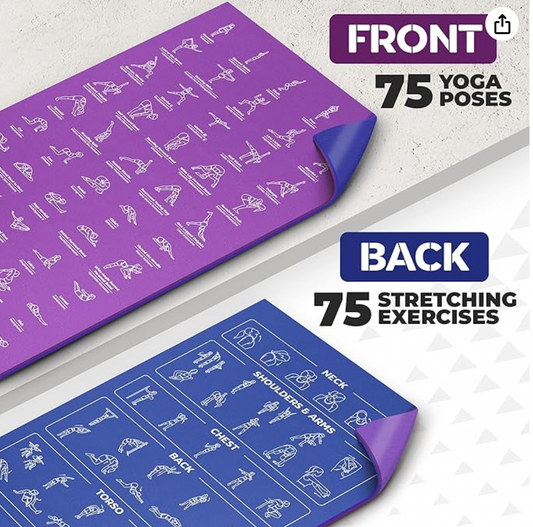 Yoga Mat with 75 Illustrated Yoga Poses & 75 Stretches printed on it, Including carrying Strap