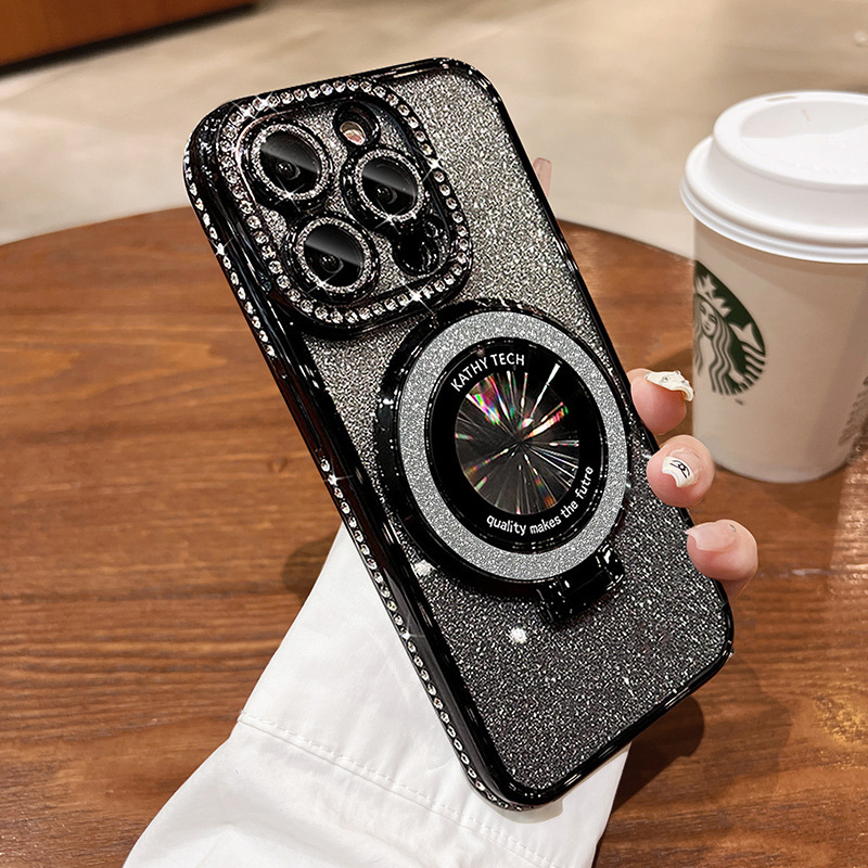 Glossy Electroplated Border + Gradient Glitter Magnetic Stand Case for iPhone