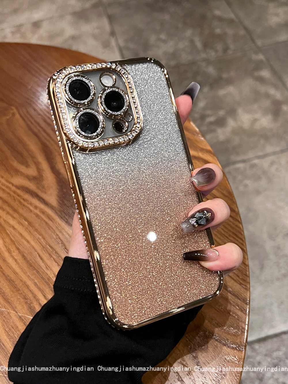 Glossy Electroplated Border + Gradient Glitter Magnetic Stand Case for iPhone