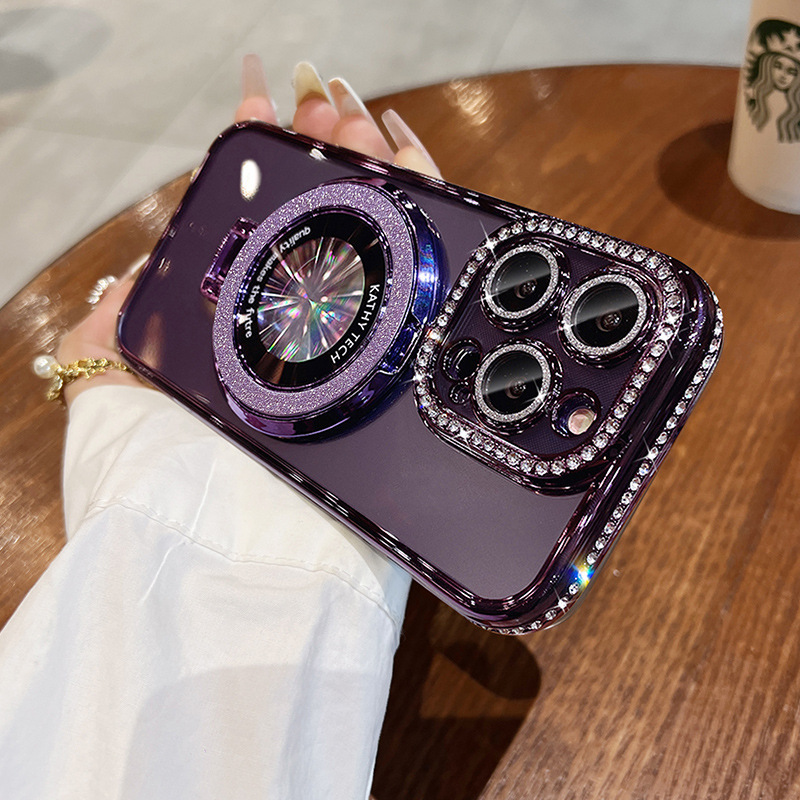 Glossy Electroplated Border + Gradient Glitter Magnetic Stand Case for iPhone