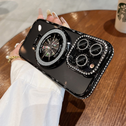 Glossy Electroplated Border + Gradient Glitter Magnetic Stand Case for iPhone