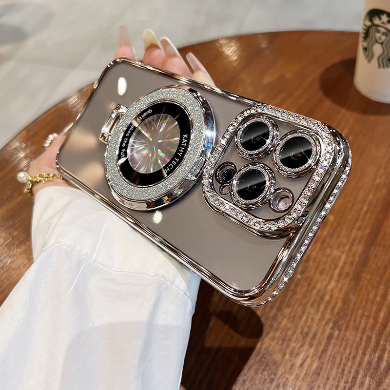 Glossy Electroplated Border + Gradient Glitter Magnetic Stand Case for iPhone