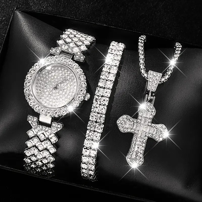 Ladies Roman Numeral Watch Set - Jupitron Quartz Wristwatch with Full Diamond Bracelet and Necklace