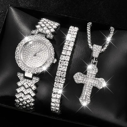 Ladies Roman Numeral Watch Set - Jupitron Quartz Wristwatch with Full Diamond Bracelet and Necklace