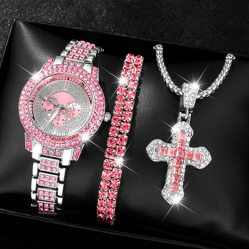 Ladies Roman Numeral Watch Set - Jupitron Quartz Wristwatch with Full Diamond Bracelet and Necklace