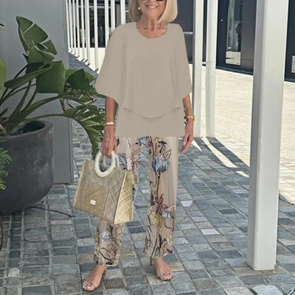 Casual round-neck mid-sleeve top with floral print and matching pants, two-piece set
