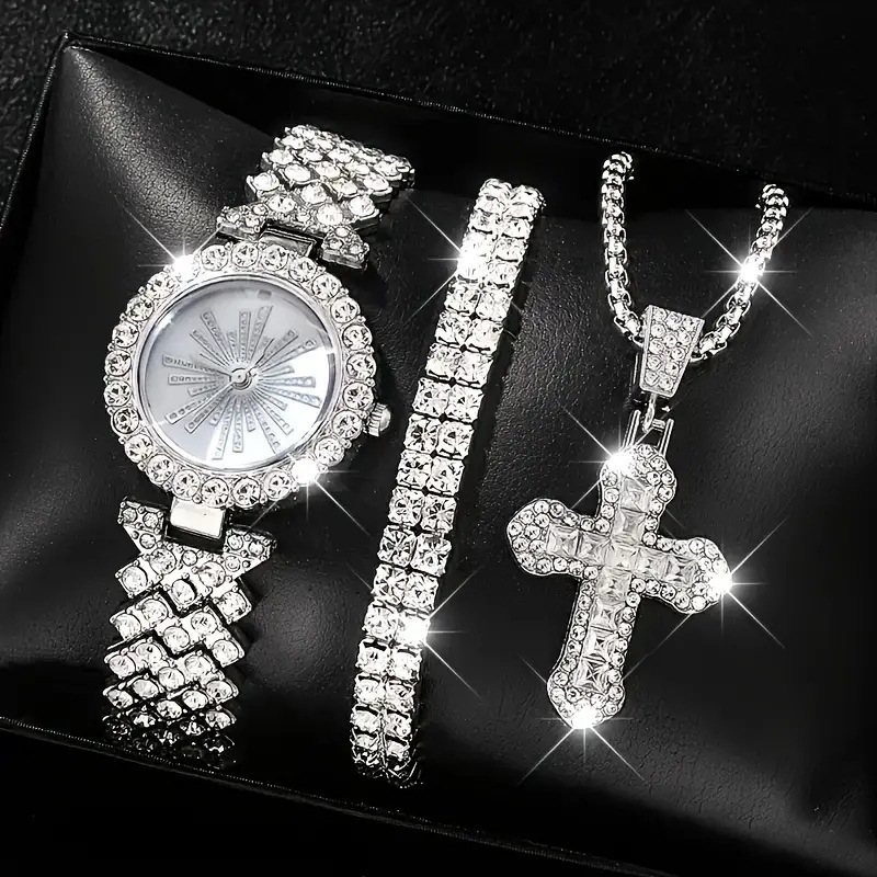 Ladies Roman Numeral Watch Set - Jupitron Quartz Wristwatch with Full Diamond Bracelet and Necklace