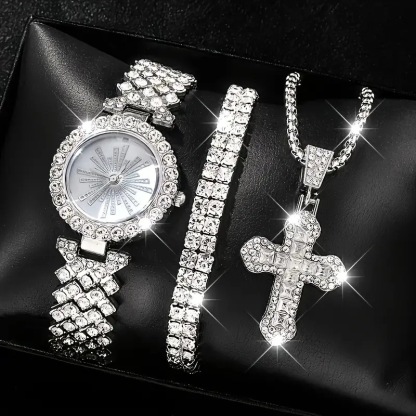 Ladies Roman Numeral Watch Set - Jupitron Quartz Wristwatch with Full Diamond Bracelet and Necklace