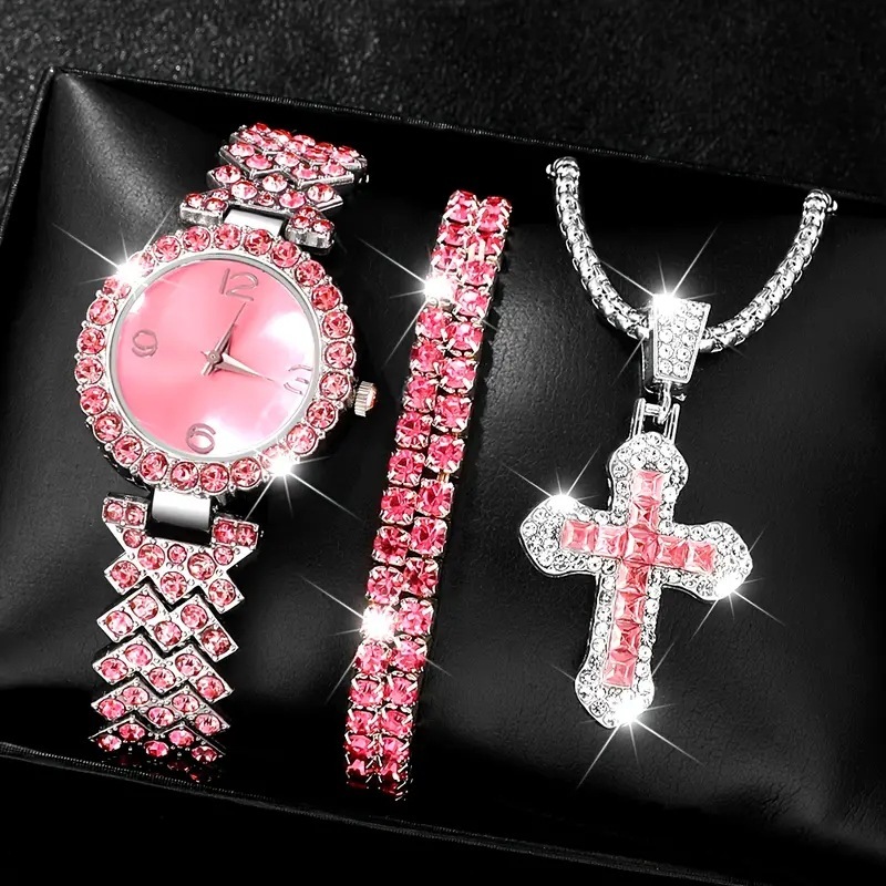 Ladies Roman Numeral Watch Set - Jupitron Quartz Wristwatch with Full Diamond Bracelet and Necklace