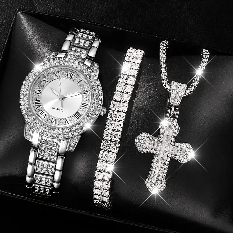 Ladies Roman Numeral Watch Set - Jupitron Quartz Wristwatch with Full Diamond Bracelet and Necklace