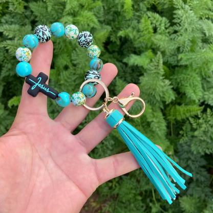 Leopard Print Beaded Bracelet & Silicone Cross Charm Keychain Set