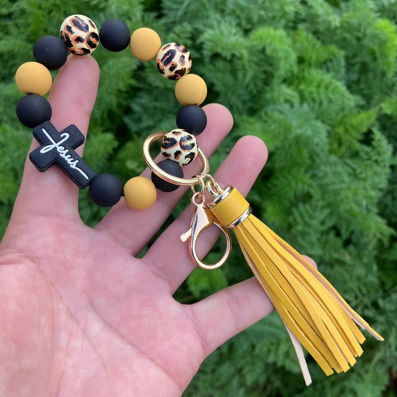 Leopard Print Beaded Bracelet & Silicone Cross Charm Keychain Set