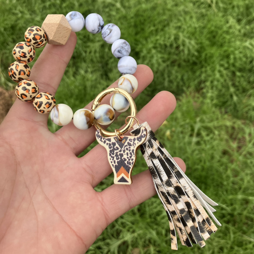 Leopard Print Beaded Bracelet & Silicone Cross Charm Keychain Set