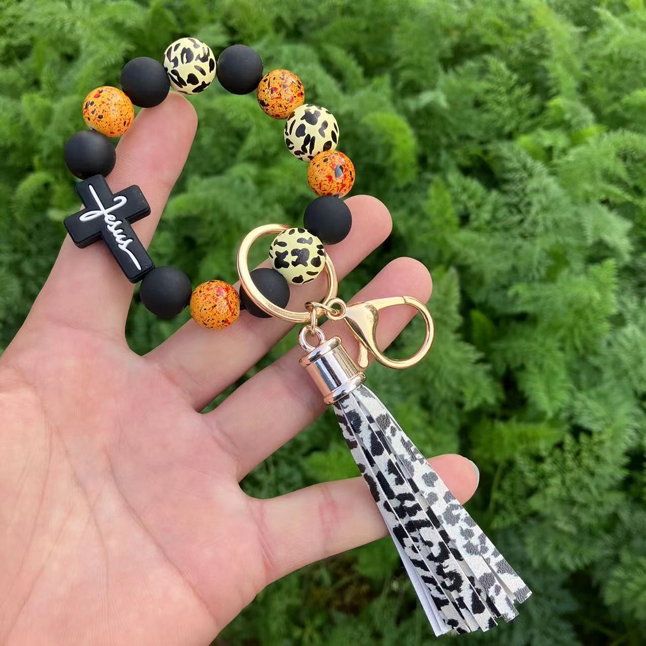 Leopard Print Beaded Bracelet & Silicone Cross Charm Keychain Set