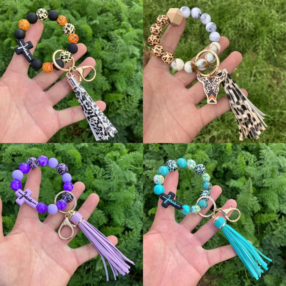 Leopard Print Beaded Bracelet & Silicone Cross Charm Keychain Set