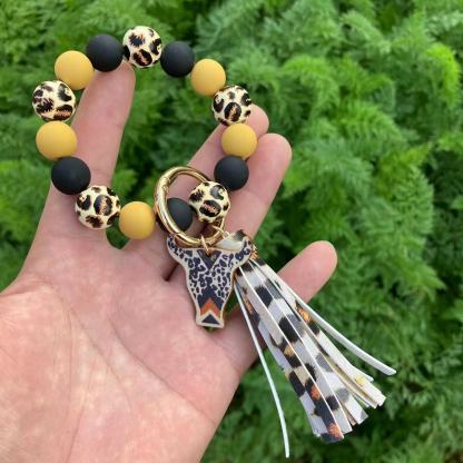 Leopard Print Beaded Bracelet & Silicone Cross Charm Keychain Set