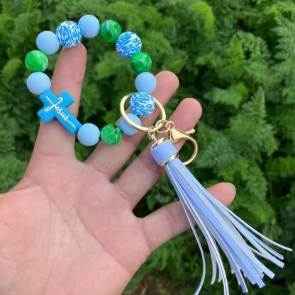 Leopard Print Beaded Bracelet & Silicone Cross Charm Keychain Set