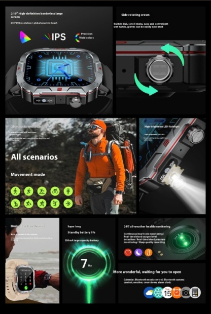 Rugged Outdoor Bluetooth Calling Smartwatch with Heart Rate & Blood Pressure Monitoring for Men