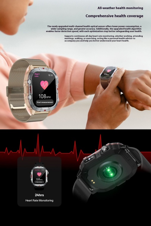 Rugged Outdoor Bluetooth Calling Smartwatch with Heart Rate & Blood Pressure Monitoring for Men