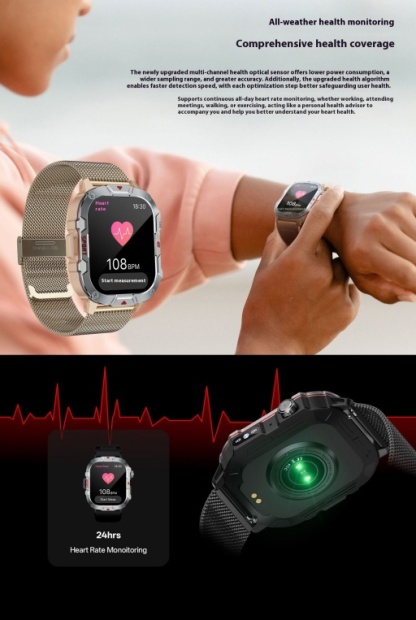 Rugged Outdoor Bluetooth Calling Smartwatch with Heart Rate & Blood Pressure Monitoring for Men