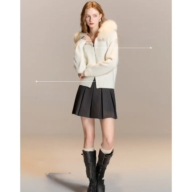 Fox Fur Collar 2025 Autumn Winter New Hooded Long Sleeve Knitted Sweater Zipper Cardigan Women M