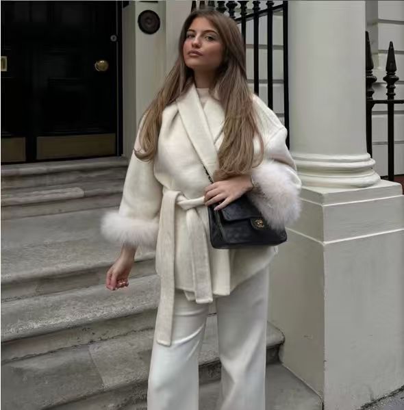 Amazon 2025 Autumn Winter New European and American Comfortable Casual Elegant Soft Loose Turn-Down Collar Solid Color Wool Coat