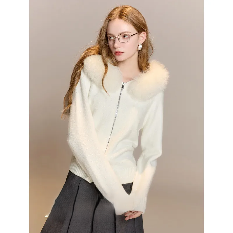 Fox Fur Collar 2025 Autumn Winter New Hooded Long Sleeve Knitted Sweater Zipper Cardigan Women M