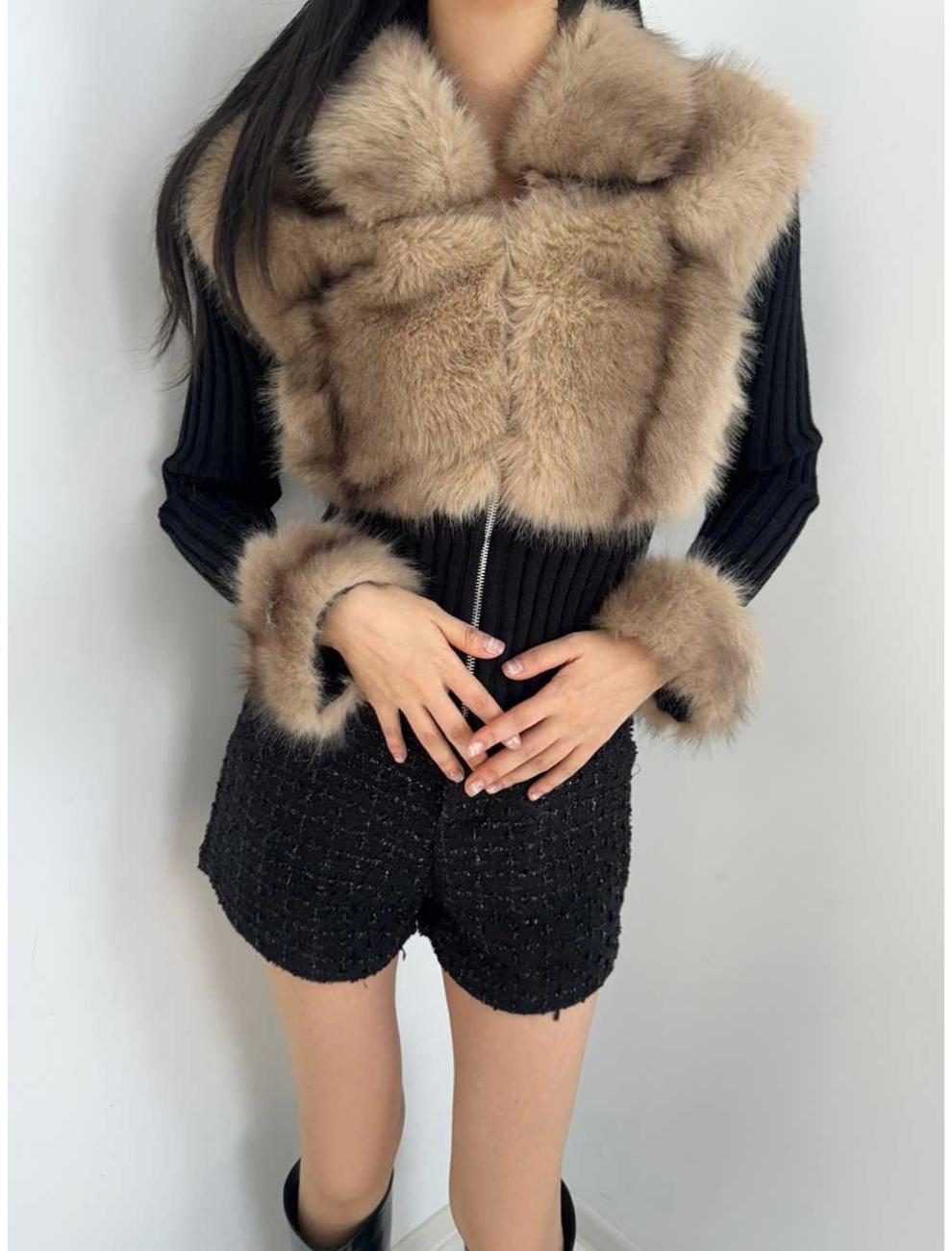 Faux Rex Rabbit Fur Waist-Cinched Knit Cardigan