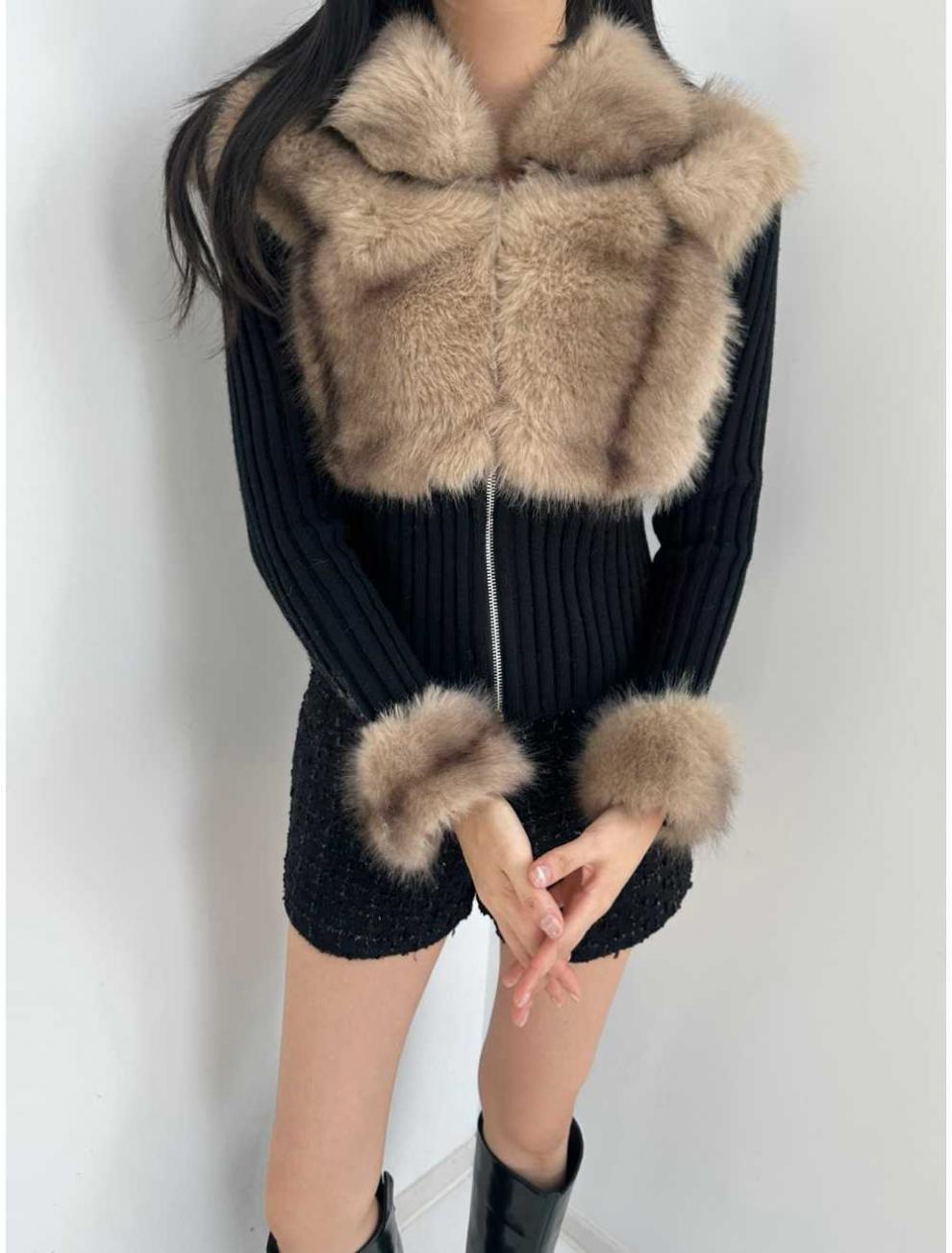 Faux Rex Rabbit Fur Waist-Cinched Knit Cardigan