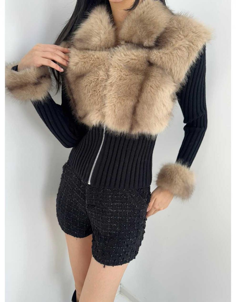 Faux Rex Rabbit Fur Waist-Cinched Knit Cardigan