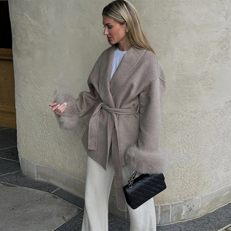 Amazon 2025 Autumn Winter New European and American Comfortable Casual Elegant Soft Loose Turn-Down Collar Solid Color Wool Coat