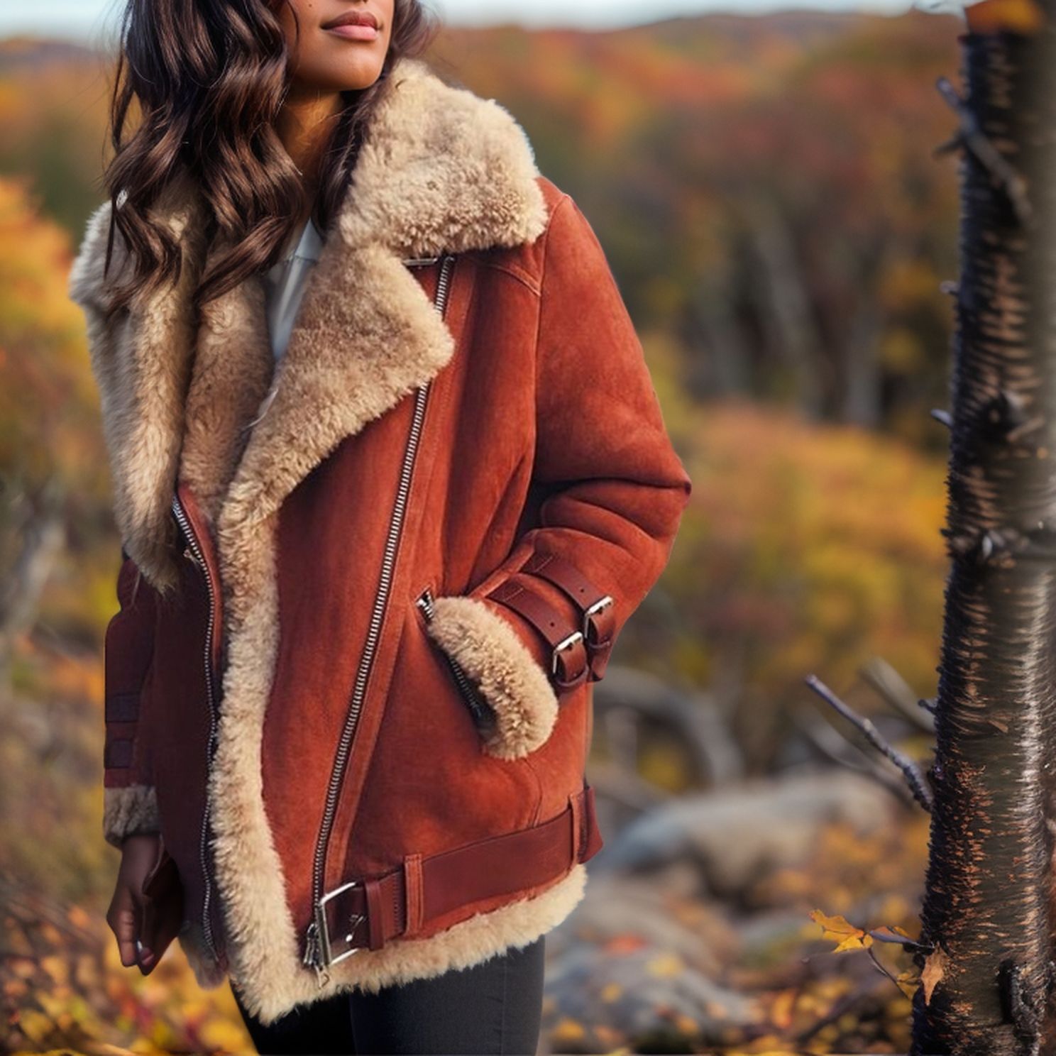 2024 Motorcycle Suede Sheepskin Coat Women's Turn-Down Collar Fur Cotton Jacket Autumn Winter Women's Coat