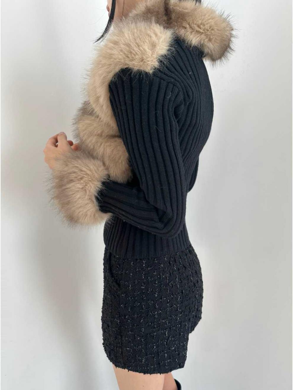 Faux Rex Rabbit Fur Waist-Cinched Knit Cardigan