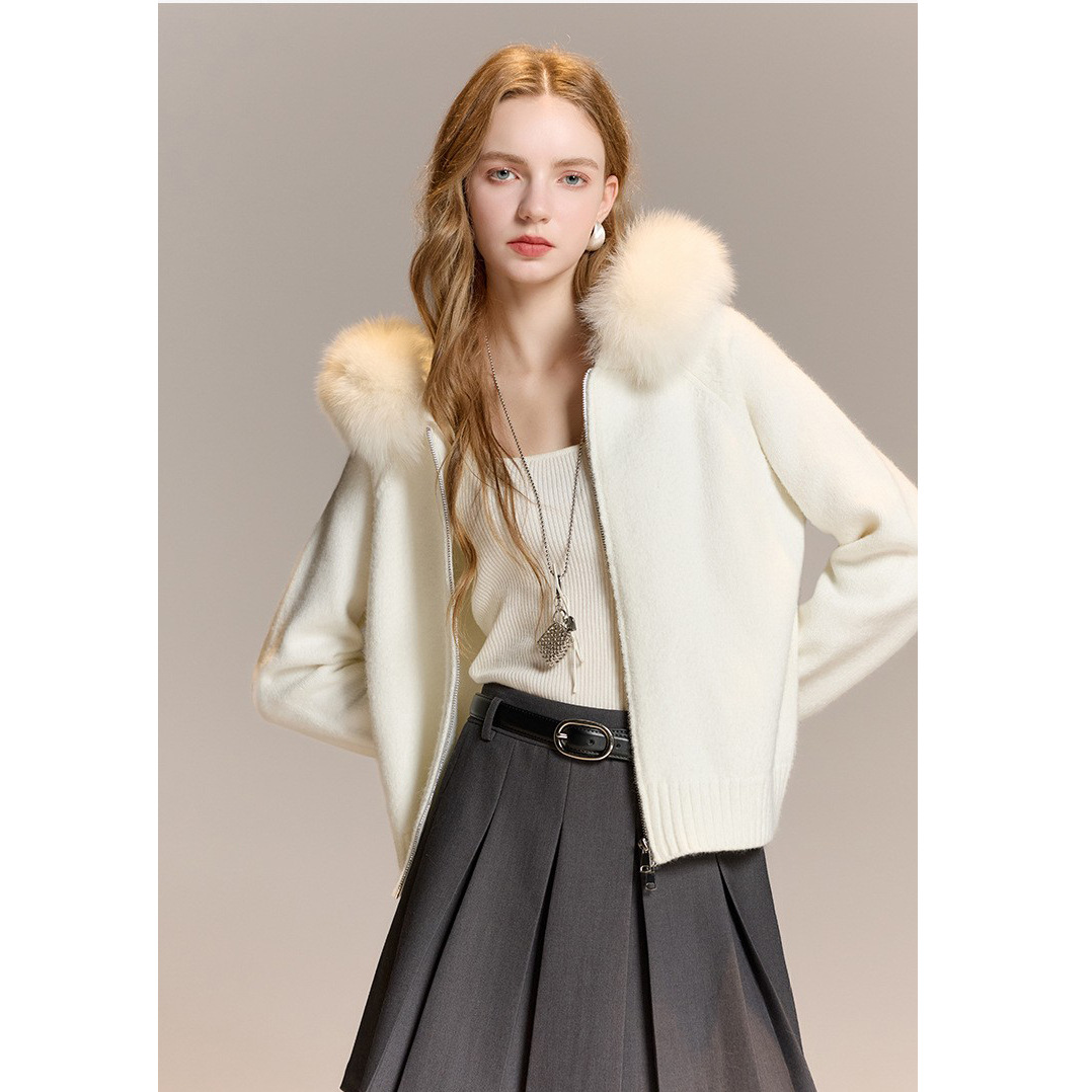 Fox Fur Collar 2025 Autumn Winter New Hooded Long Sleeve Knitted Sweater Zipper Cardigan Women M