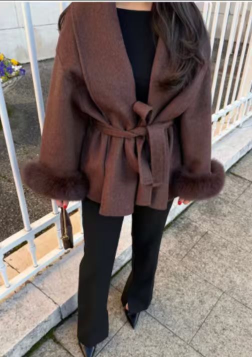 Amazon 2025 Autumn Winter New European and American Comfortable Casual Elegant Soft Loose Turn-Down Collar Solid Color Wool Coat