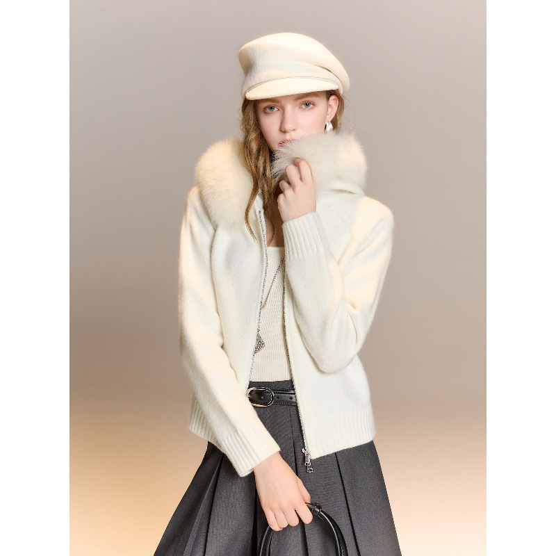 Fox Fur Collar 2025 Autumn Winter New Hooded Long Sleeve Knitted Sweater Zipper Cardigan Women M