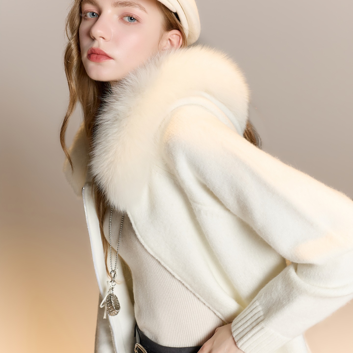 Fox Fur Collar 2025 Autumn Winter New Hooded Long Sleeve Knitted Sweater Zipper Cardigan Women M