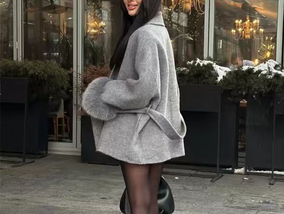 Amazon 2025 Autumn Winter New European and American Comfortable Casual Elegant Soft Loose Turn-Down Collar Solid Color Wool Coat