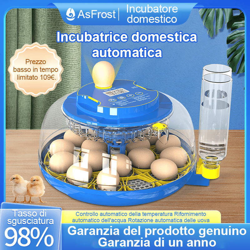 [2025 aggiornamento] Incubatore per l'incubazione delle uova, l'incubatore mini AsFrost ha un controllo preciso dell'umidità e della temperatura, ribaltamento e arresto automatici, aggiunta automatica d'acqua, può incubare polli, quaglie, anatre, ecc.