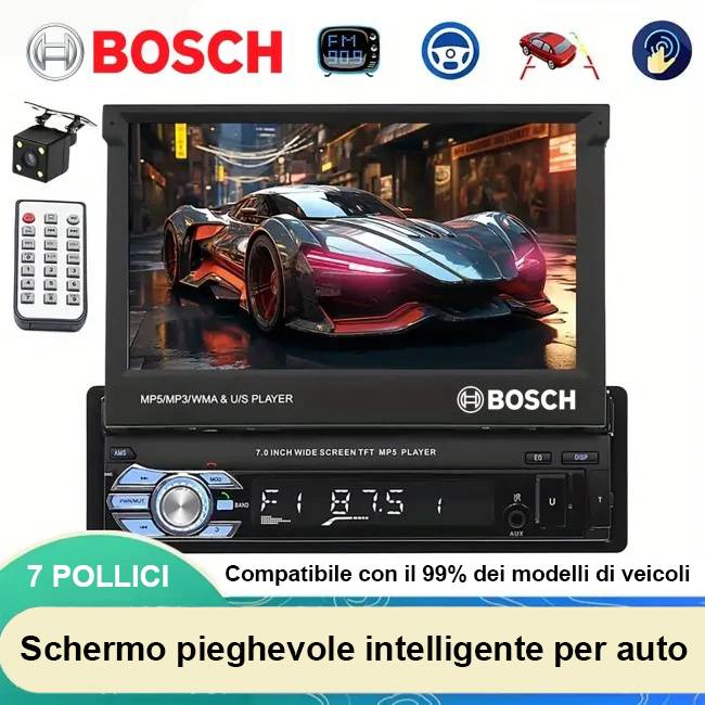 Autoradio Bosch 1DIN per tutti i veicoli, lettore stereo universale per auto con touchscreen pieghevole HD da 7 pollici con navigazione, vivavoce FM TF/USB, telecamera posteriore