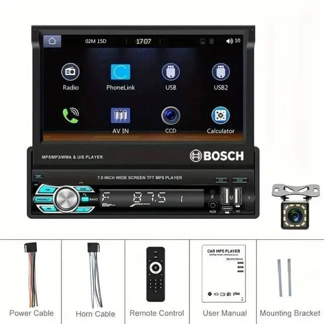 Autoradio Bosch 1DIN per tutti i veicoli, lettore stereo universale per auto con touchscreen pieghevole HD da 7 pollici con navigazione, vivavoce FM TF/USB, telecamera posteriore