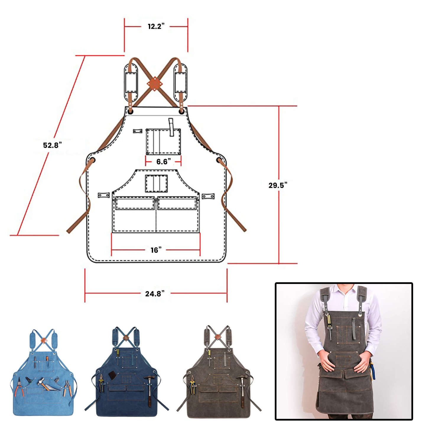 Adjustable Heavy Duty Canvas Work Apron w/ Multiple Pockets