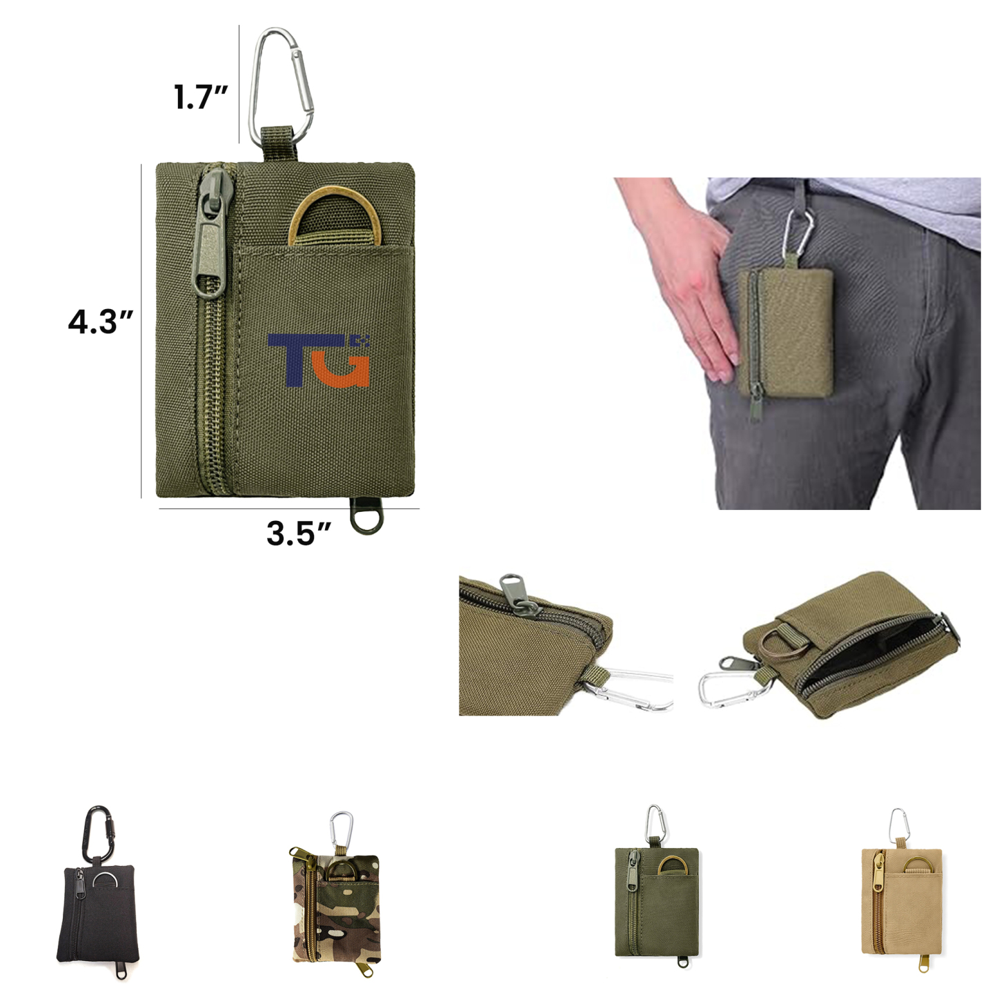 Mini Tactical Pouch w/ Dual Zippered Pockets & D-Ring Clip