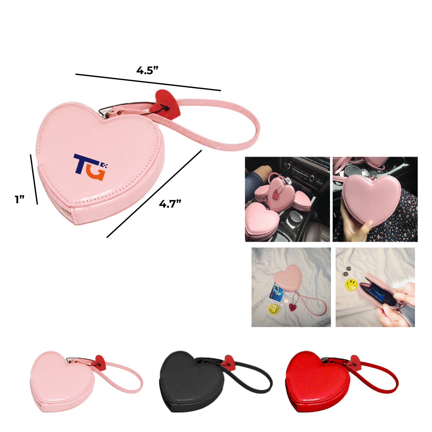 Shiny PU Leather Heart Wristlet Purse w/ Zipper