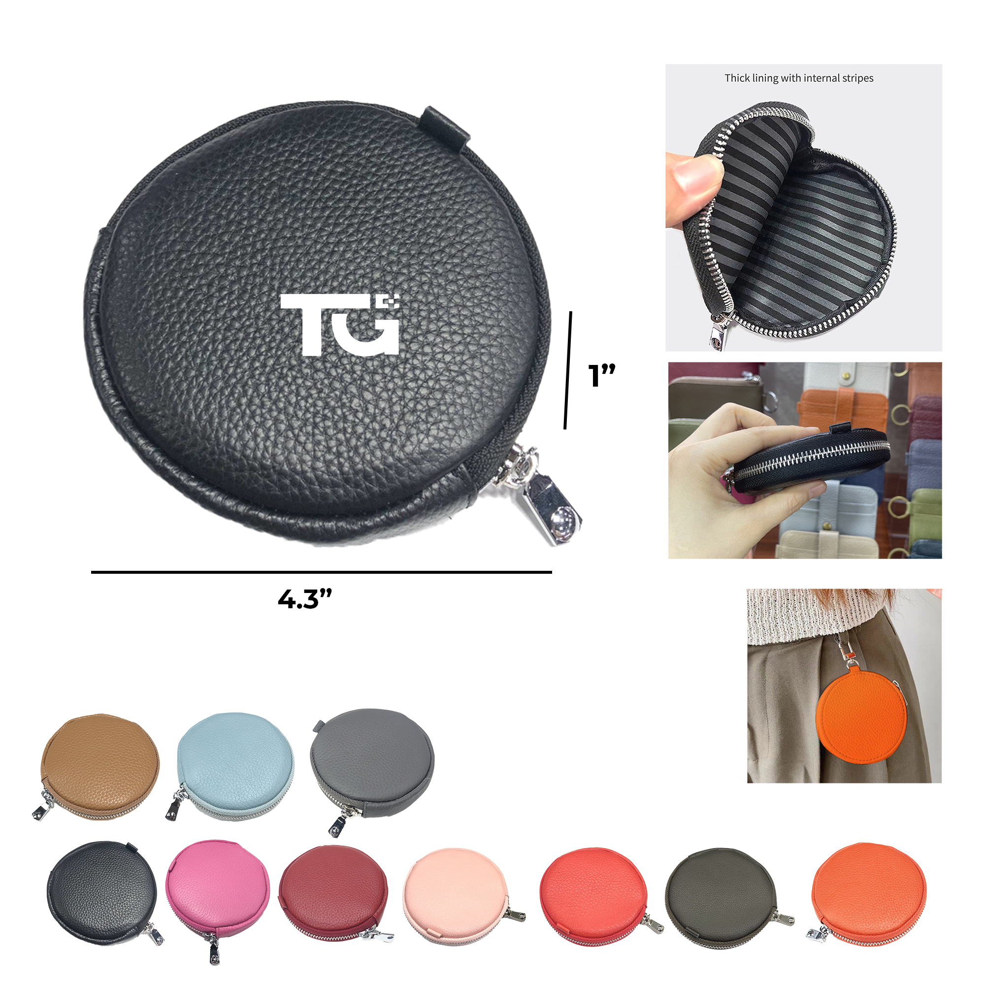 Genuine Leather Round Coin Purse w/ Key Ring for Essentials