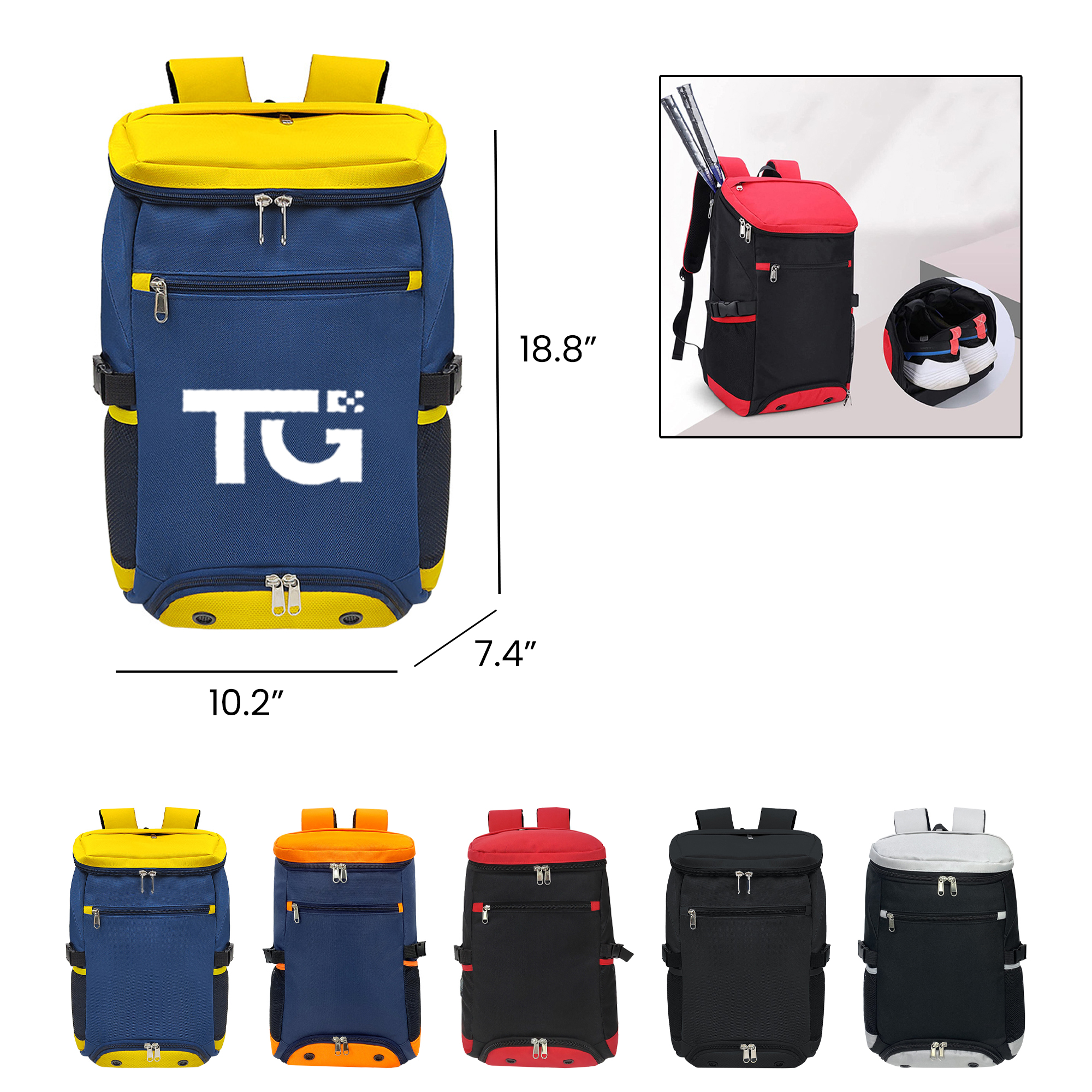 Large Capacity Badminton Tennis Backpack w/ Shoe Compartment