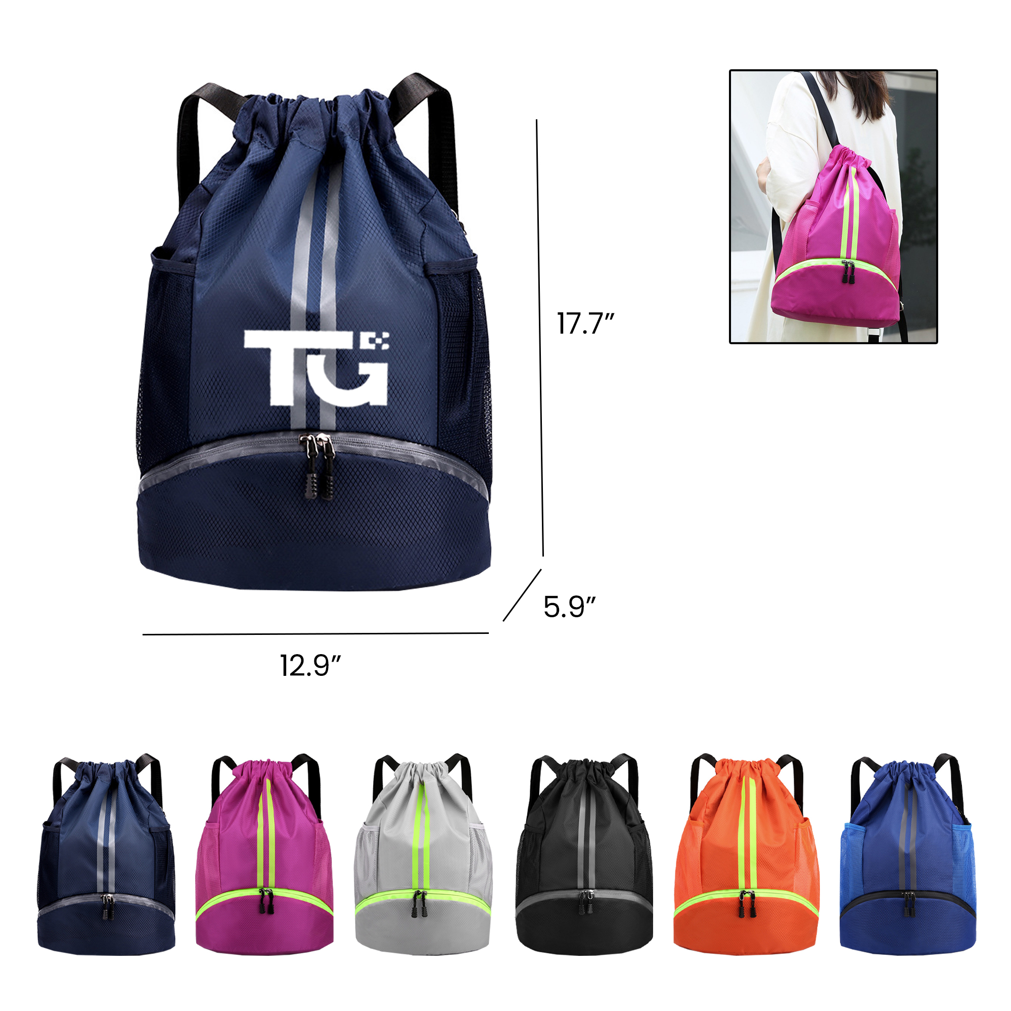 Oxford Fabric Gym Sackpack w/ Wet Pocket & Shoe Storage