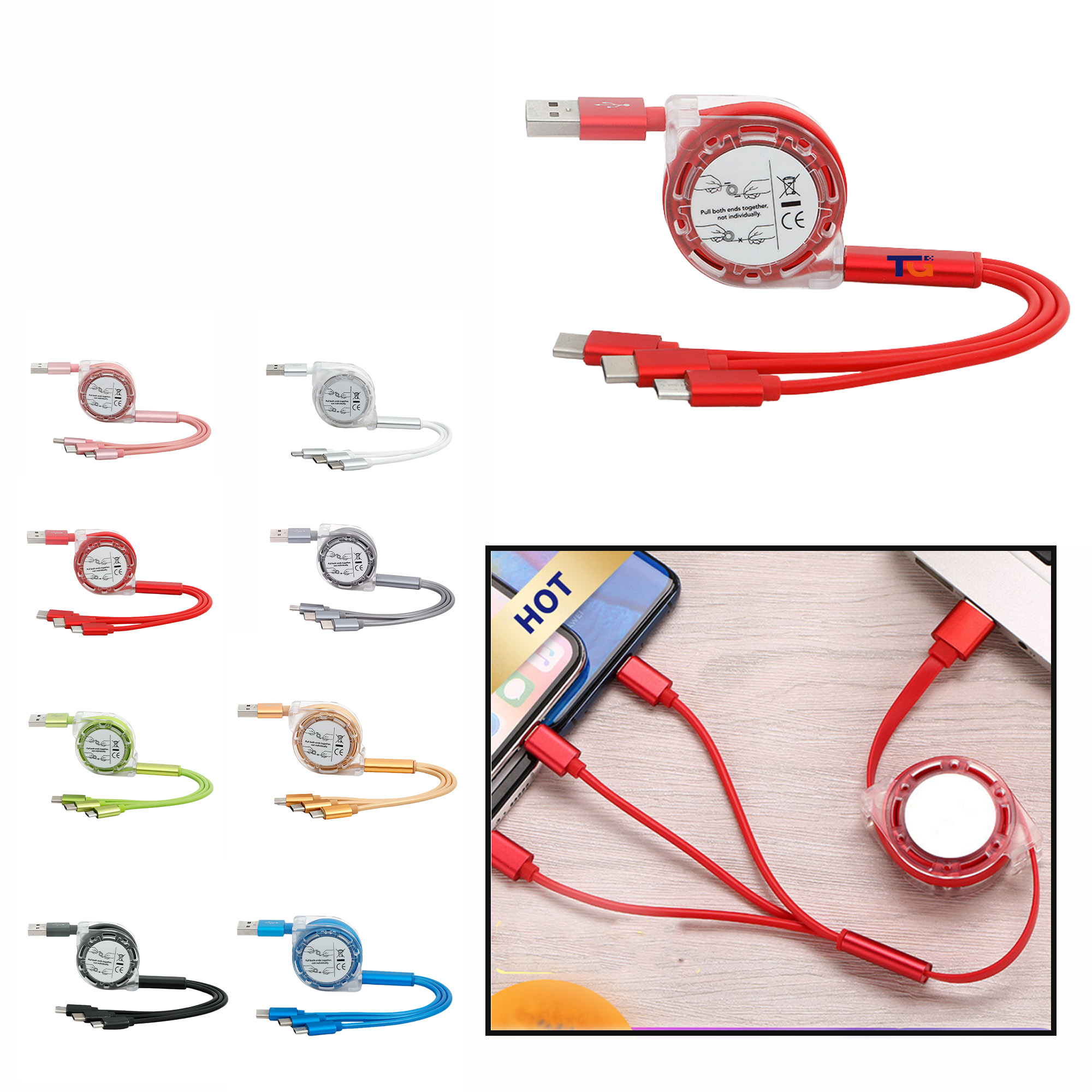 Retractable 3-in-1 Charging Cable w/ Type-C Micro Lightning Ports