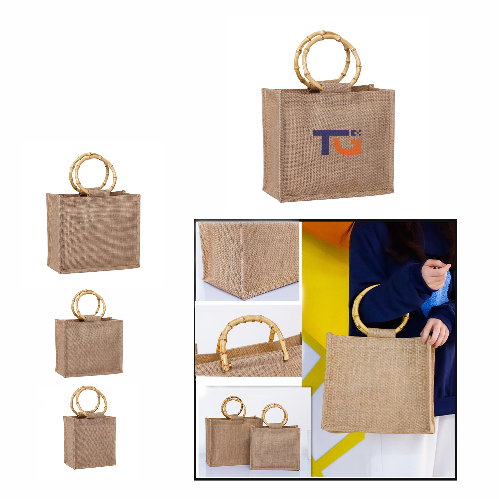 Eco-Friendly Large Jute Bag w/ Bamboo Handles