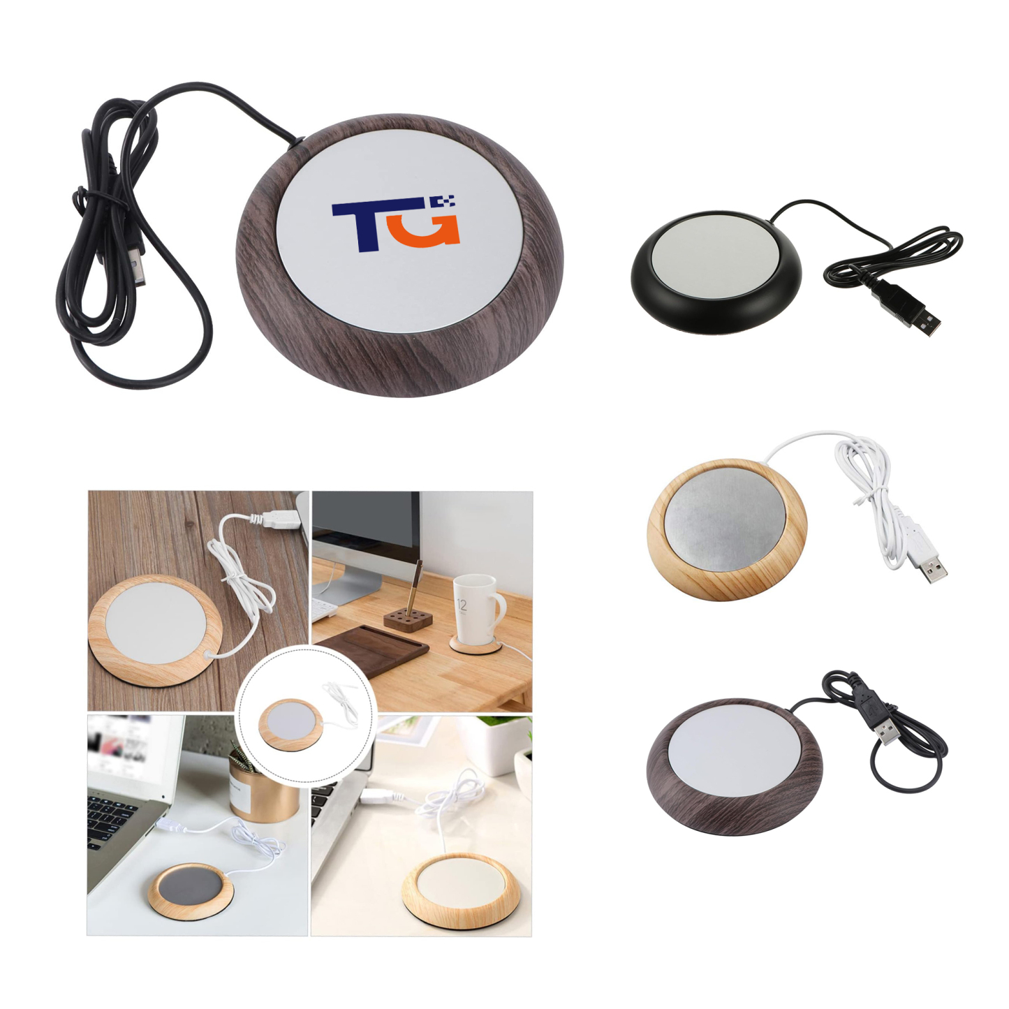 Large Size USB Cup Warmer w/ Wood Grain Metal Heating Base